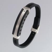 Stainless Steel Bracelets in IP Black with Black Diamond and Leather Strap in White Stitches